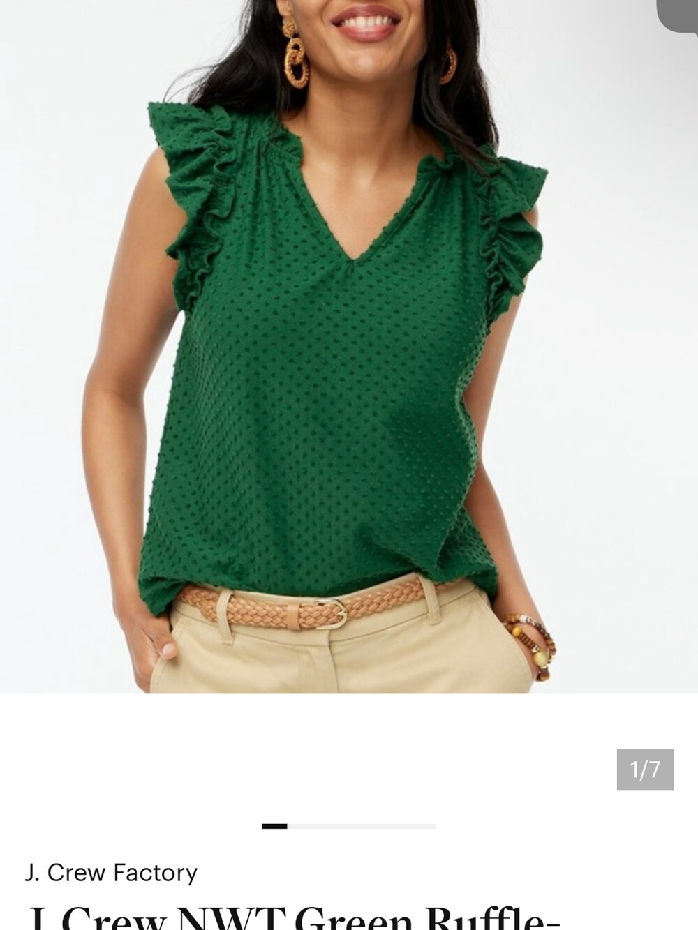 J. Crew Factory Green Ruffle Sleeve Swiss Dot Top NWT Large
